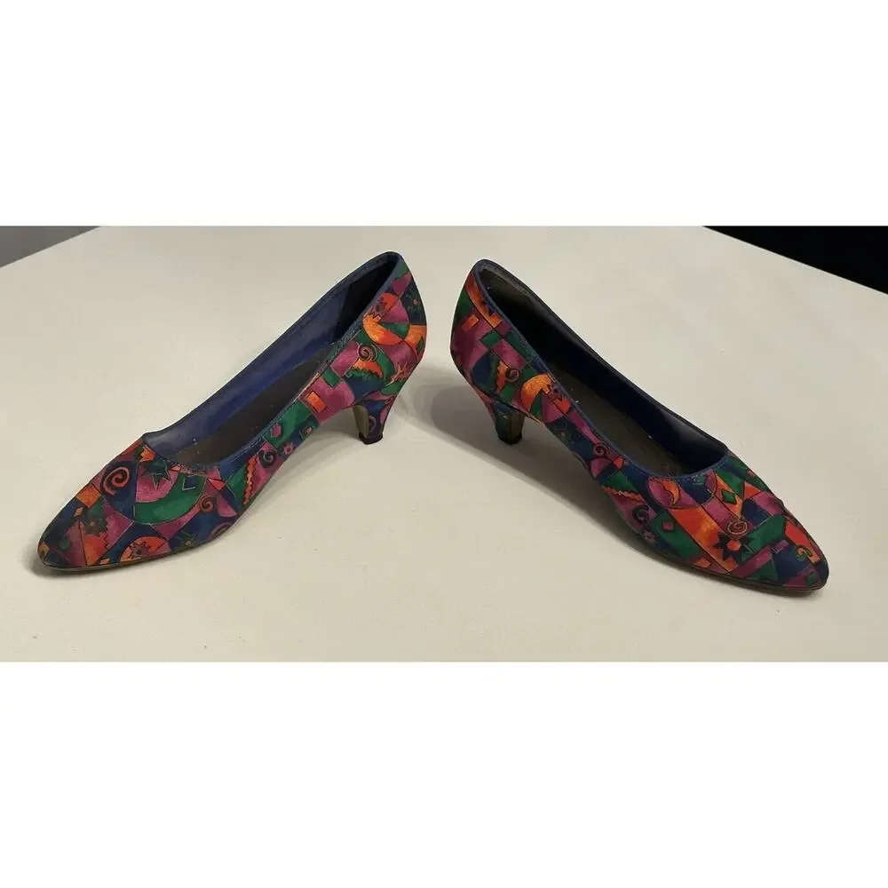 Vintage Color Block Low Heels Pump Sz 9 D Colorful Geometric Art